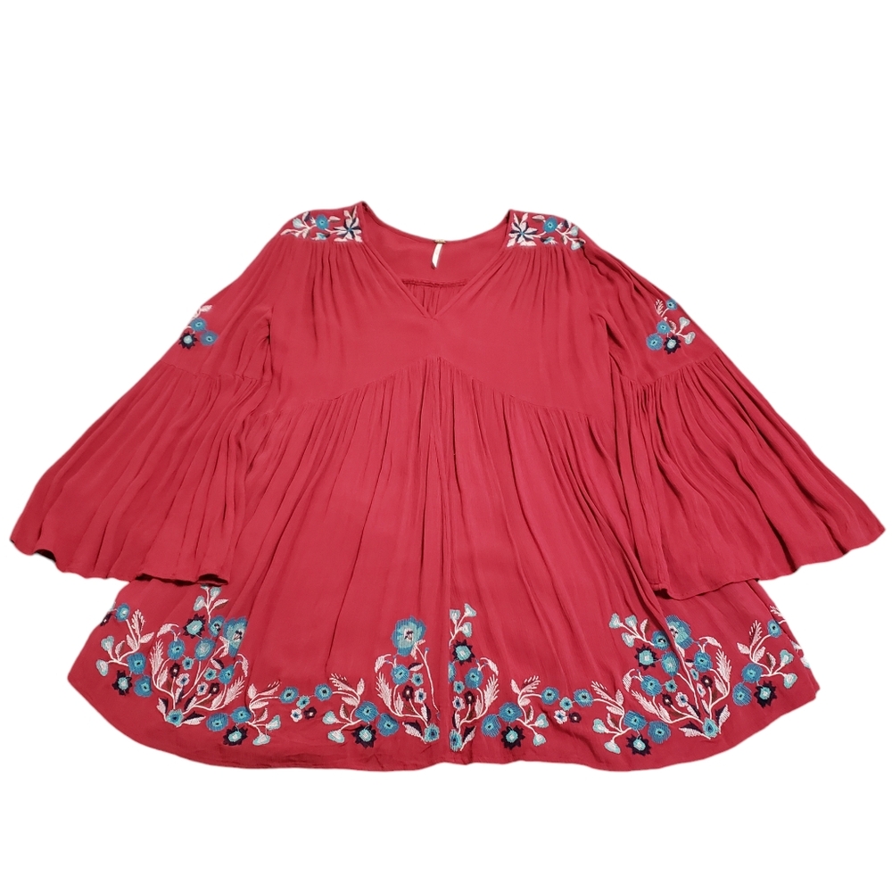 Free People Te Amo Red Floral Embroidered Babydoll Dress XS Boho Peasant Flowy - Picture 12 of 13